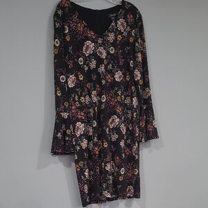 KAREN KANE BLACK FLORAL SHORT DRESS BELL SLEEVE W/LINING SZ XL